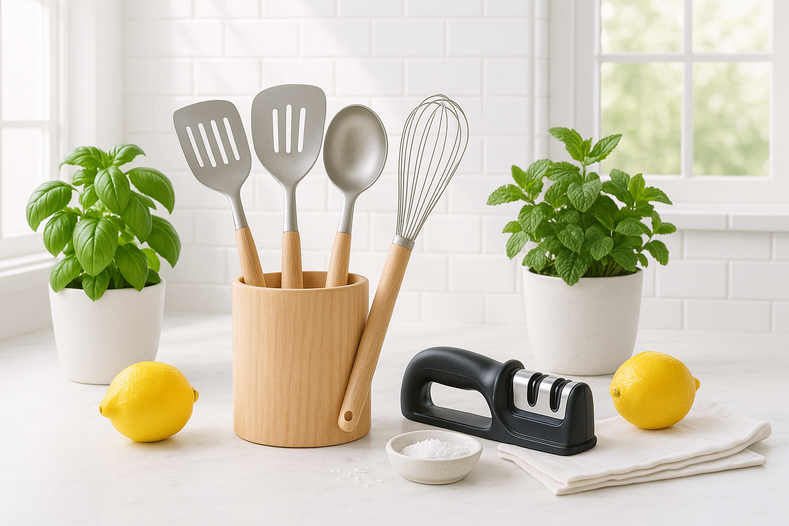 Bright and airy kitchen utensils background